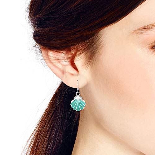 AeraVida Ocean Inspired Beach Style Seashell Shaped .925 Sterling Silver with Simulated Green Turquoise Inlays Boho Chic Fishhook Dangle Earrings