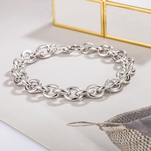 Dankadi 925 Sterling Silver Classic Round Cable Wire Link Bracelet Women Cuban Curb Oval Belcher Link Chain 5.9 to 9 in For Men 24k Gold Plated Cuff Jewelry Gift - color: 8.5MM Silver, size: 7 inch
