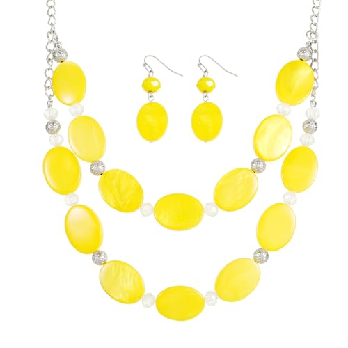 2 Layered Chunky Beaded Shell Necklace for Women Sea Shell blue/yellow/red/green/turquoise/teal/white Statement Necklace and Earring Set Elegant Women Necklace Set Jewelry Sets for Women - color: Yellow
