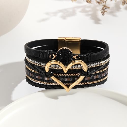 VIBILIA Boho Leather Wrap Bracelets for Women Multi-Layer Bracelets with Strong Clasp Jewelry for Women - color: 01-Heart-Black