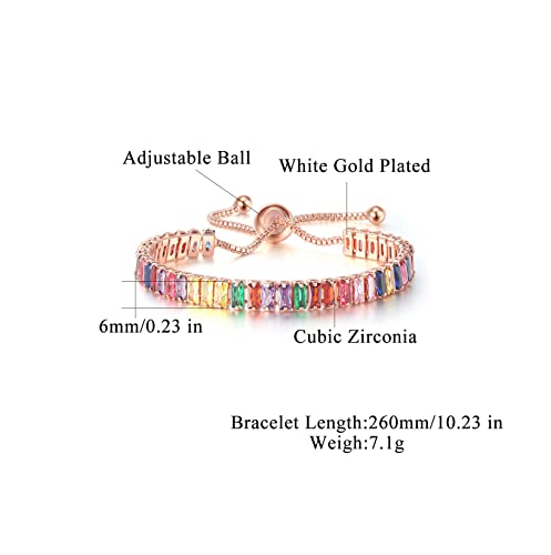CiNily Adjustable Tennis Bracelets for Women Teen Girls Rainbow Cubic Zirconia Bracelet 14K White Gold Plated Hypoallergenic Slider Bracelet Jewelry Gift - color: Adjustable-Square Rose Gold