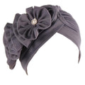 Flower Turban Hats for Women - Ruffle Bead Stretch Solid Caps Chemo Cancer Pre Tied Headscarf Headwear - color: Gray