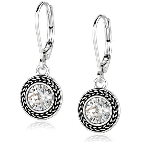 Savma Handmade 925 Sterling Silver Leverback Earrings for Women, Vintage Celtic Round Crystal Dangle Drop Earrings, Lightweight Boho Hypoallergenic Jewelry Gift - color: White Stone