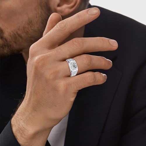 Yaresul 8 * 8mm 2.85CT 925 Sterling Silver Mens Gemstone Ring Princess Cut Created Black Onyx|Sapphire|Emerald|Ruby Mens Wedding Band Engagement Ring Pave CZ W/AAA Size 6-13 - color: Cubic Zirconia