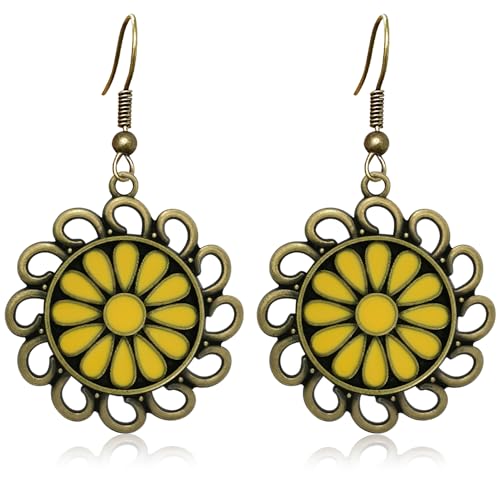 Bohemian Lightweight Vintage Copper Enamel Flower Hollow Dangle Drop Earrings Handmade Retro Circle Floral Hook Earrings For WomenJewelry Gifts - color: Yellow