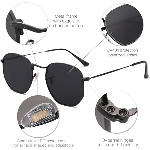 SOJOS Square Polarized Sunglasses for Women Men Small Hexagonal Polygon Shades SJ1072 - color: Matt Black
