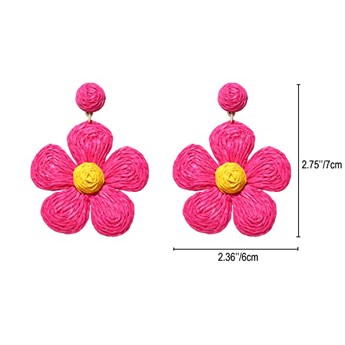 Rattan Earrings for Women Statement Boho Raffia Straw Wrapped Flower Drop Dangle Earrings Summer Tropical Beach Jewelry - color: Hot Pink
