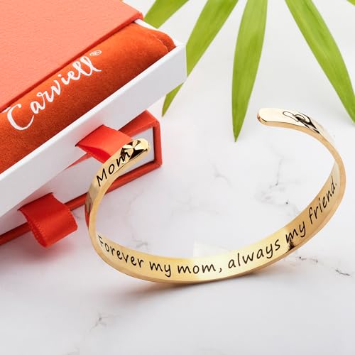 Carviell Bracelet - Gifts for Women – Inspirational, Friendship, Love, Mom, Daughter, Sister, Christian, Graduation, Memorial & Wedding Gifts – 100+ Phrases – Stainless Steel, Gift-Ready - style: MOM's Gift - Forever my mom, always my friend.