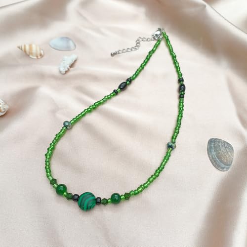 Beaded Necklaces for Women Summer Beach Beaded Necklace Bead Choker Boho Necklaces for Women Handmade Summer Jewelry Stainless Steel 18K Gold Plated - color: Green