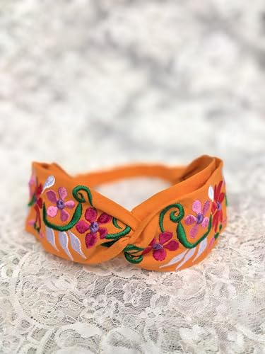 FANFAN Boho Flower Headband Orange Embroidered Elastic Hair Band One Size E9 (Orange, One Size) - color: Orange