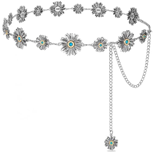 Western Turquoise Chain Belt for Women with Daisy Pattern Cowgirl Concho Metal Waist Belt for Boho Country - color: 1-silver(turquoise), size: Fit for Mid Waist up to 35"