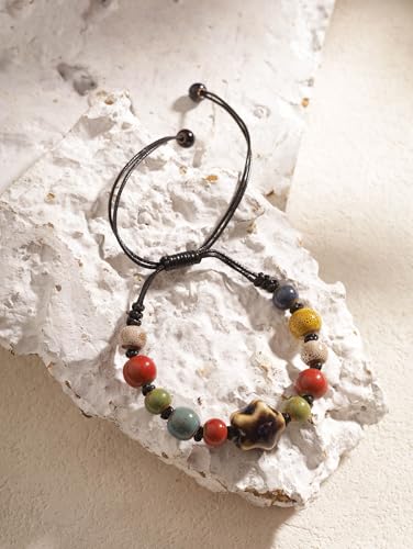 MINACHI Bohemian Colorful Ceramic Bead Adjustable Leather Bracelet, Boho Hippie Summer Jewelry Gift for Women - color: S06