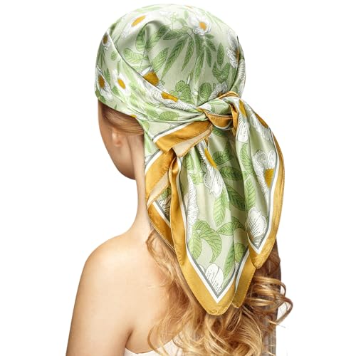 Stlvoll 100% Silk Head Scarf for Women - 27" Hair Scarves Satin Bandanas Square for Night Sleeping with Gift Packed - color: Green/Yellow/Flower