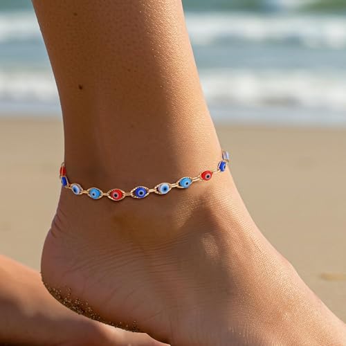 SLOONG Evil Eye Beaded Anklet Bracelets for Women, 14K Gold Plated Ankle Bracelet Jewelry Beach Beads Anklet Set Ankle Bracelets for Women - color: Eye Beads