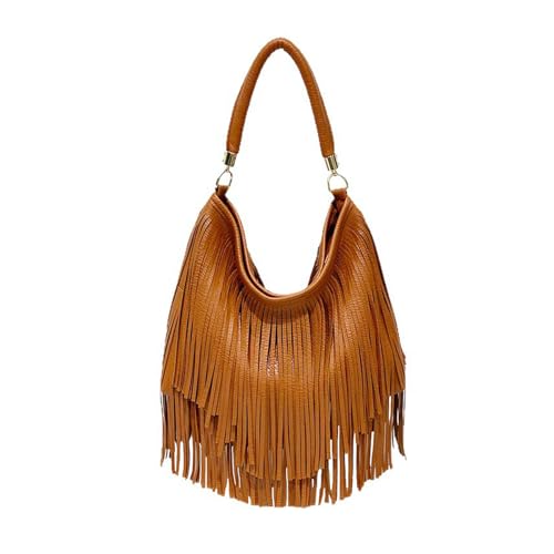 CORIOS Bohemian Fringe Leather Shoulder Bag for Women Dual-Side Tassel Handbag Underarm Purse Soft PU Leather Top Handle Bag - color: Brown