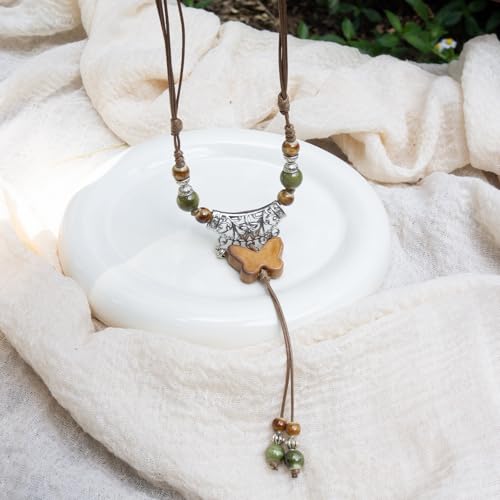 Boho Colorful Ceramic Bead Necklace for Women, Butterfly Pendant Necklace, Handmade Bohemian Statement Jewelry Gifts for Mom - color: Multi-Y