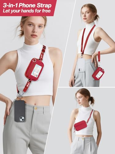 Tiostep Clip and Go Strap for Phone with Wallet Crossbody Phone Lanyard Adjustable and Detachable Wristlet Wallet with ID Window and Zipper, Red - color: Red, size: Medium