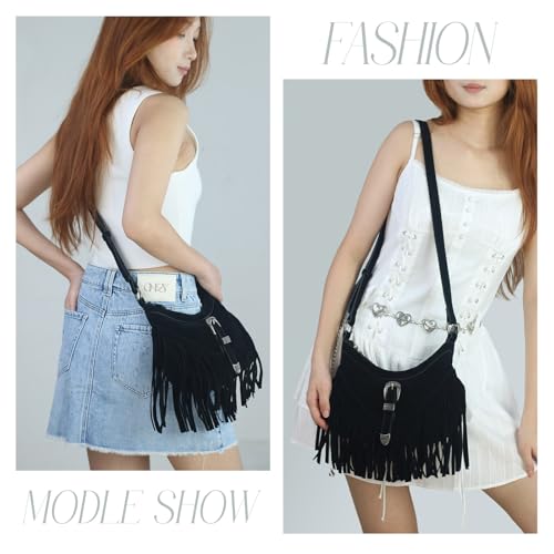 Fringe Hobo Purse for Women,Western Small Fringed Shoulder Bag Vegan Suede Hippie Crossbody Bag with Tassel - color: Black