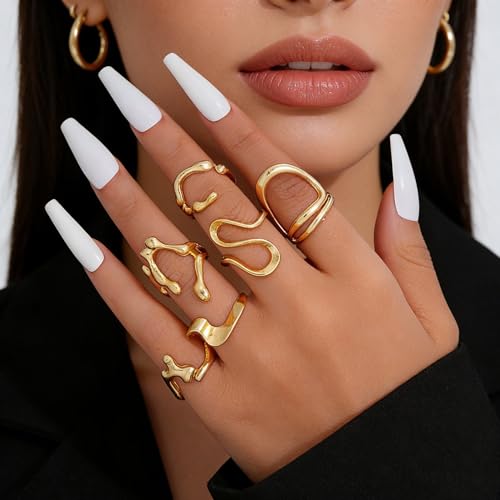 Chunky Gold Rings Set for Women Stackable Statement Ring Sets Non Tarnish Adjustable Open Knuckle Rings Irregular Gold Jewelry Set Trendy Prom Outfits Accessories - color: gold1