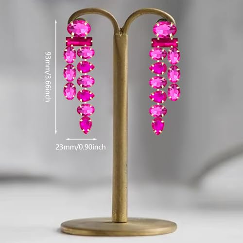 Boho Large Sparkly Rhinestones Teardrop Drop Dangle Earrings Long Tassel Full Crystals Chain Earrings for Women Wedding - style: Rose Red