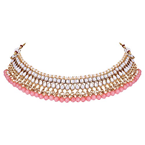 Aheli Faux Kundan Beaded Necklace Earrings Maang Tikka Indian Bollywood Ethnic Jewelry Set Gift for Women - color: Pink 1