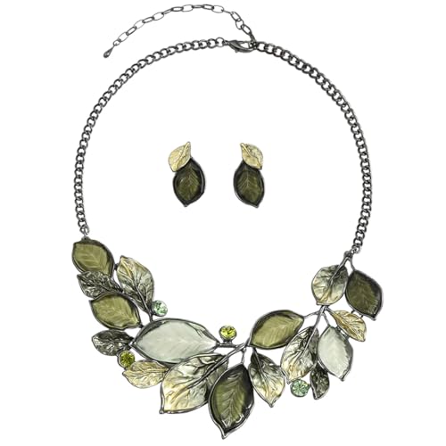 Vintage Chunky Statement Jewelry Set Retro Leaf Floral Geometric Bohemian Boho Bib Necklace Earring Set Fashion Costume Jewelry for Women Girls Wedding Party Prom Unique Gift - style: multi leaves JS black green