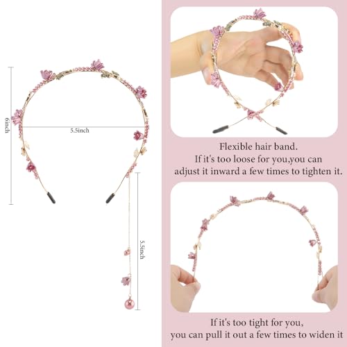 AHONEY Pink Flower Crown Headband for Women Girls Hair Vine Floral Leaf Boho Headband Wedding Fairy Hair Accessories Headpiece - color: Pink
