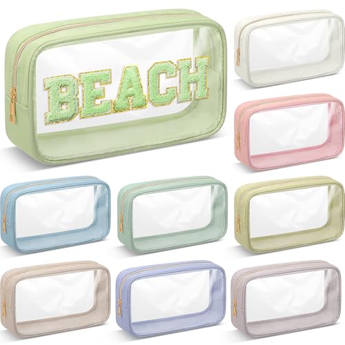 9 Pcs Preppy Clear Makeup Bag DIY Chenille Letter Pouch Large Nylon Makeup Bag Travel Toiletry Zipper Cosmetic Organizer Pouch PVC Bags for Women, 9.5 x 5.1 x 2.8 Inch (Morandi Color) - color: Morandi Color