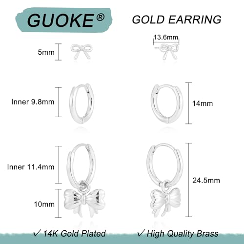 3 Pairs Small Earring Stacks, 14K Gold/Silver/Black/Rose Gold Plated Pearl Heart Butterfly Star Diamond Charm Drop Huggie Earrings Trendy Jewelry Gift for Women - color: Silver-Bow