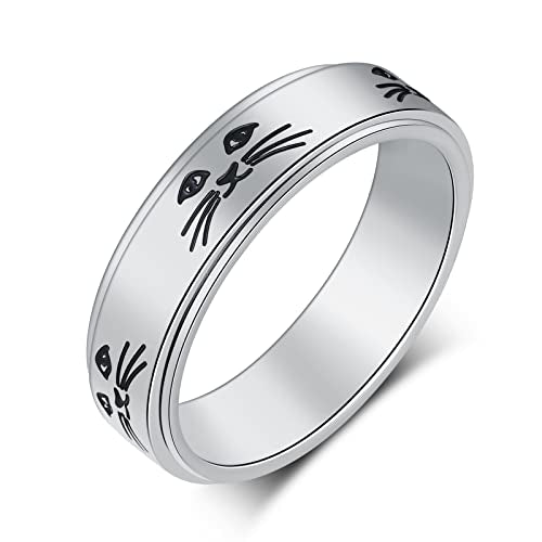 Anxiety Ring for Women Spinner Rings:Rotating Rings Stainless Steel 6mm Moon Star Anxiety for Men Band Jewelry Gift for Women Size 6 7 8 9 10 - color: Cute Cat-Silver