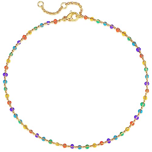 MTMY Gold Anklets for Women 14K Gold Plated Tiny Bead Anklet Colorful Tassel Foot Chain Dainty Adjustable Cute Summer Beach Boho Anklets Jewelry Gift - style: colorful beads