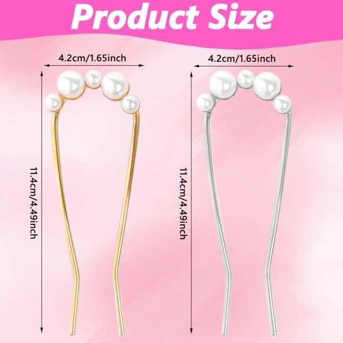 2Pcs French Hair Pins with Pearl U-Shaped French Twist Hair Pin Metal French Pin for Women Girls Large French Clip Vintage Hair Sticks Double Prongs Hair Pin Hairstyle Accessories, Gold and Silver