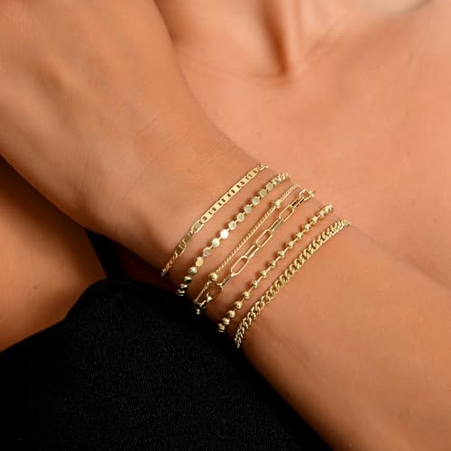 Dainty Gold Bracelets for Women, 14K Gold Plated Stackable Bracelet Set, Adjustable Beaded Cuban Paperclip Herringbone Figaro Snake Rope Chain Jewelry - style: Set9 Gold 6Pcs