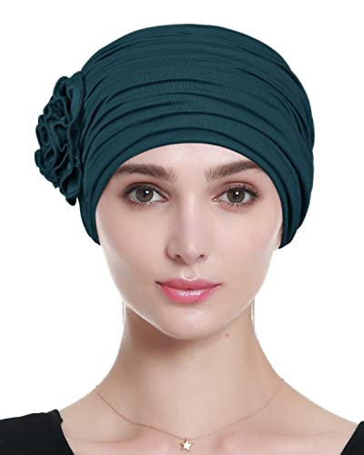 Alnorm Flower Design Chemo Hair Loss Caps Cancer Headwear for Women - color: Dark Green