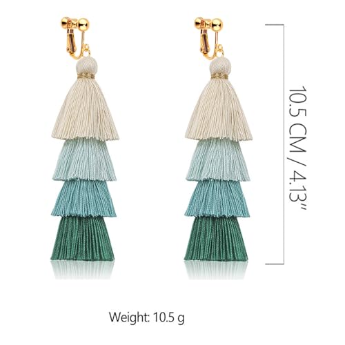 Clip on Earrings, Lightweight Colorful Layered Tassel Bohemian Statement Tiered Big Dangle Drop Earrings for Women, Non Pierced, Boho Jewelry - color: Green