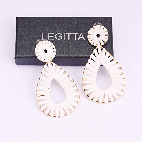 Raffia Teardrop Dangle Earrings Handmad Statement Drop Earrings - color: White