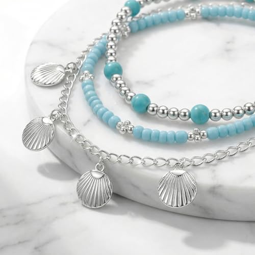 Boho Beads Beach Layered Anklet Set for Women, Handmade Gold Starfish Pearl Shell Anklets Summer Ocean Accessories Jewelry Gift - color: Blue