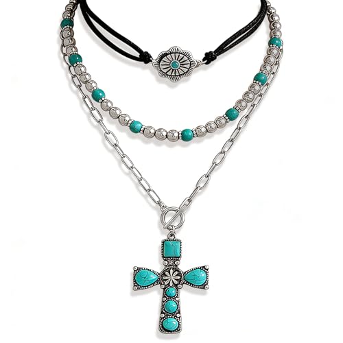Western Necklaces Boho Turquoise Cross Necklace Set Navajo Pearl Beaded Layered Choker Cowgirl Christian Western Jewelry for Women - color: Style-B