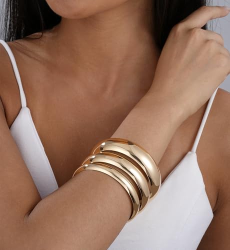 Chunky Gold Bangle Bracelets for Women, Dainty 14k Gold Plated Big Stackable Bangles Set, Trendy Cuff Bracelet Stack Fashion Jewelry Gifts - style: A1-gold