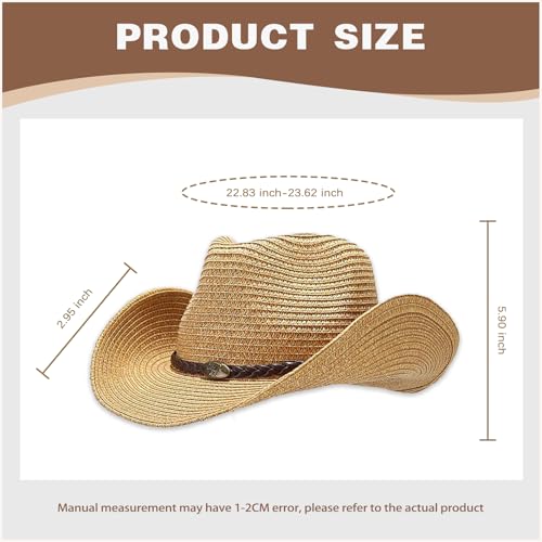 Straw Cowboy Hats Western Cowgirl Hat for Holiday Woven Beach Sun Hat with Shapeable Wide Brim Cowboy Hat for Women/Men - color: Khaki