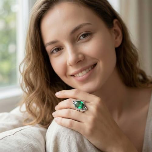 Handmade 925 Sterling Silver Plated Ring Natural Gemstone Carnelian, Rose Quartz, Tiger Eye, Crystal Oval Boho Jewelry For Women - color: Emerald Simulated