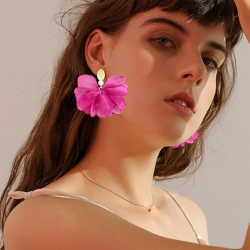 Handmade Fabric Flower Petal Fringe Dangle Drop Earrings Bohemian Floral Tassel Stud Earrings For Women - color: Rose Red