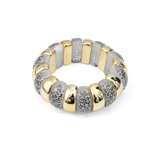 GOOJIDS Simple Beaded Gold Plated Bangles Bracelet Chunky Bamboo Tube Curved Stacking Clear Acrylic Colorful Beads Stretchable Gold Plated Bracelets Set For Women - color: B-Gold&White Leopard