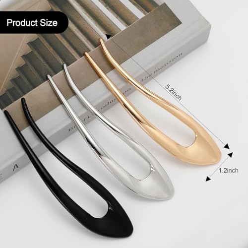 3PCS 5.1 Inch U Shaped Metal Hair Forks for Women, Vintage French Twist Hair Pins for Long Thick Hair, Elegant Hair Accessories for Bun Updo and Chignon Styles