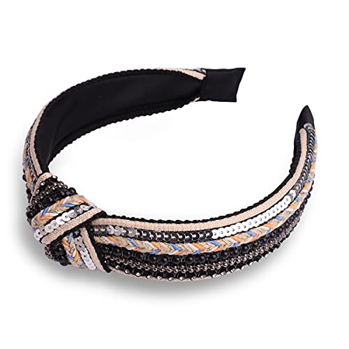 TOBATOBA Knotted Headbands for Women Sequins Pearl Headband Top Knot Head band Turban Boho Head bands for Women Beaded Wide Hairband Fashion Elegant Ladies Hair Band 3 Pack (Black, White, Red) - color: Color 3