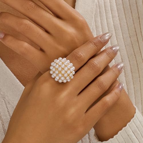 Chunky Gold Rings for Women Non Tarnish Statement Flower Ring Baroque Pearl Stackable Rings Set 6Pcs Chunky Jewelry - color: Gold 6