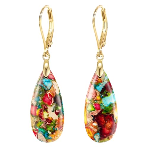 XGALBLA Boho Long Teardrop Stone Dangle Drop Earrings for Women Natural Healing Stone Leverback Earrings Statement Gold Tone - color: Colorful- Golden Leverback