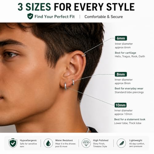 925 Sterling Silver Huggie Hoop Earrings for Women Men, Hypoallergenic Small Sleeper Hoop Earrings for Sensitive Ears, Lightweight Tiny Cartilage Helix Tragus Hoops 6mm 8mm 10mm - size: silver 8mm