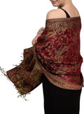 Achillea Reversible Paisley Pashmina Rave Scarf – Exotic Indian Shawls and Wraps for Evening Dresses, Festivals, All Seasons - color: Burgundy