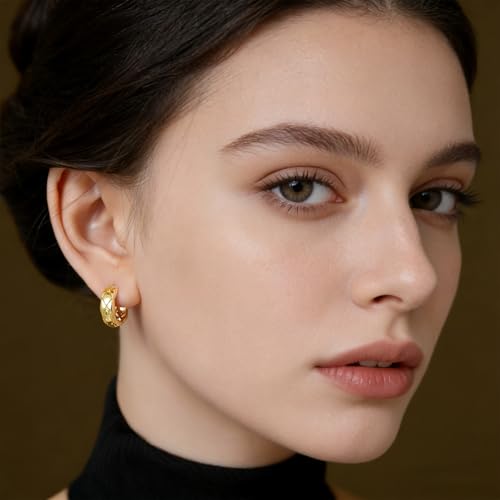 Small Chunky Huggie Hoop Earrings for Women - 18K Gold Plated Boho Ethnic, Hypoallergenic Dainty Vintage Gifts for Women - color: Diamond pattern